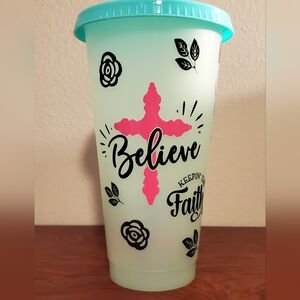 Teal Faith Cross inspired Plastic 24oz Color Changing Cup Tumbler Lid & Straw